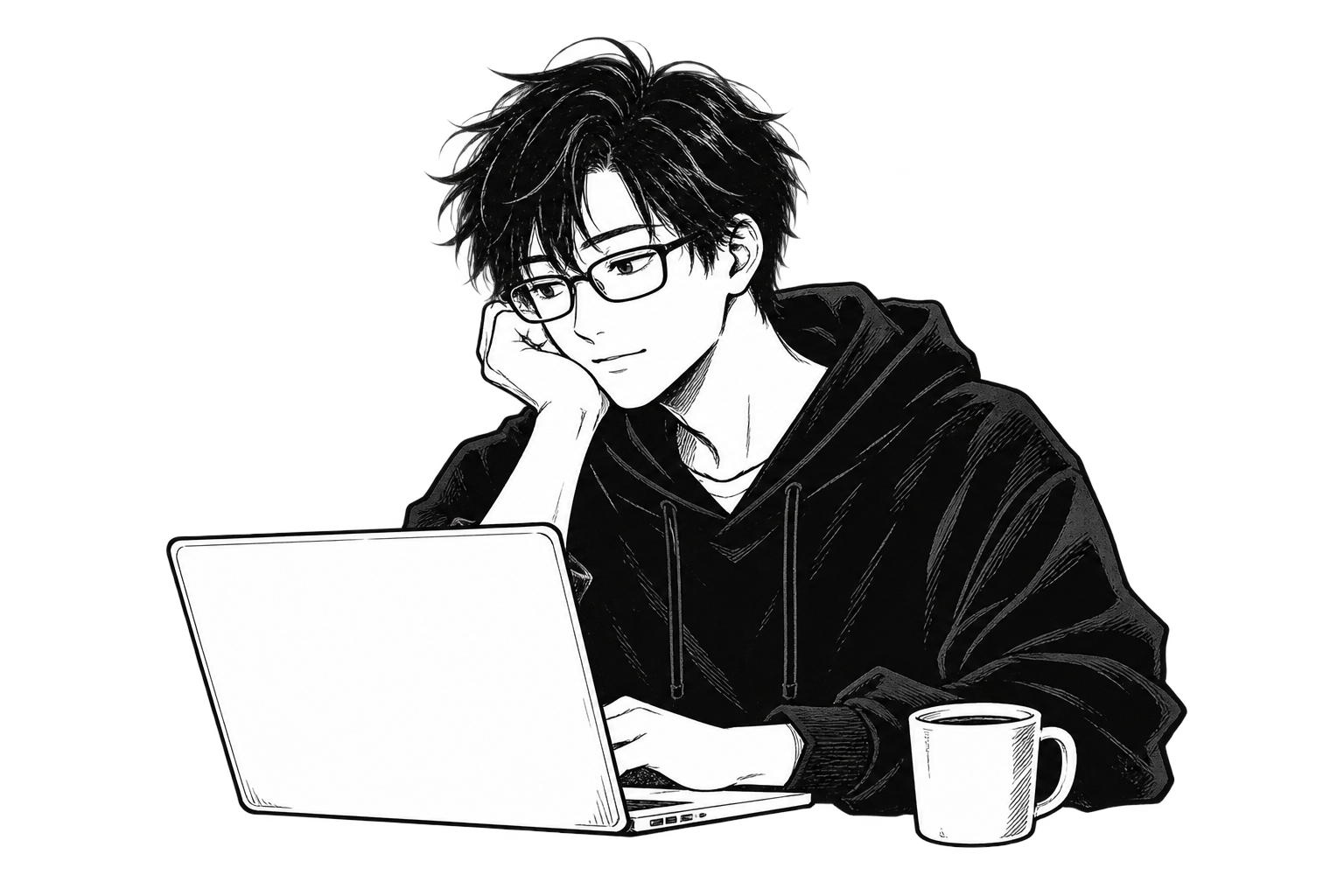 Ink illustration of a programmer at a laptop with a dog